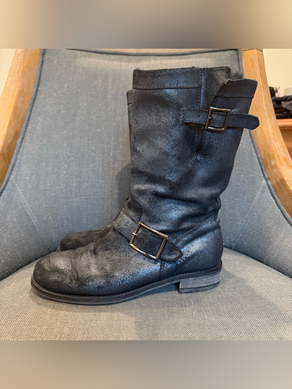 Jimmy Choo black suede biker boots with buckle detail fur lined  37.5 #designer